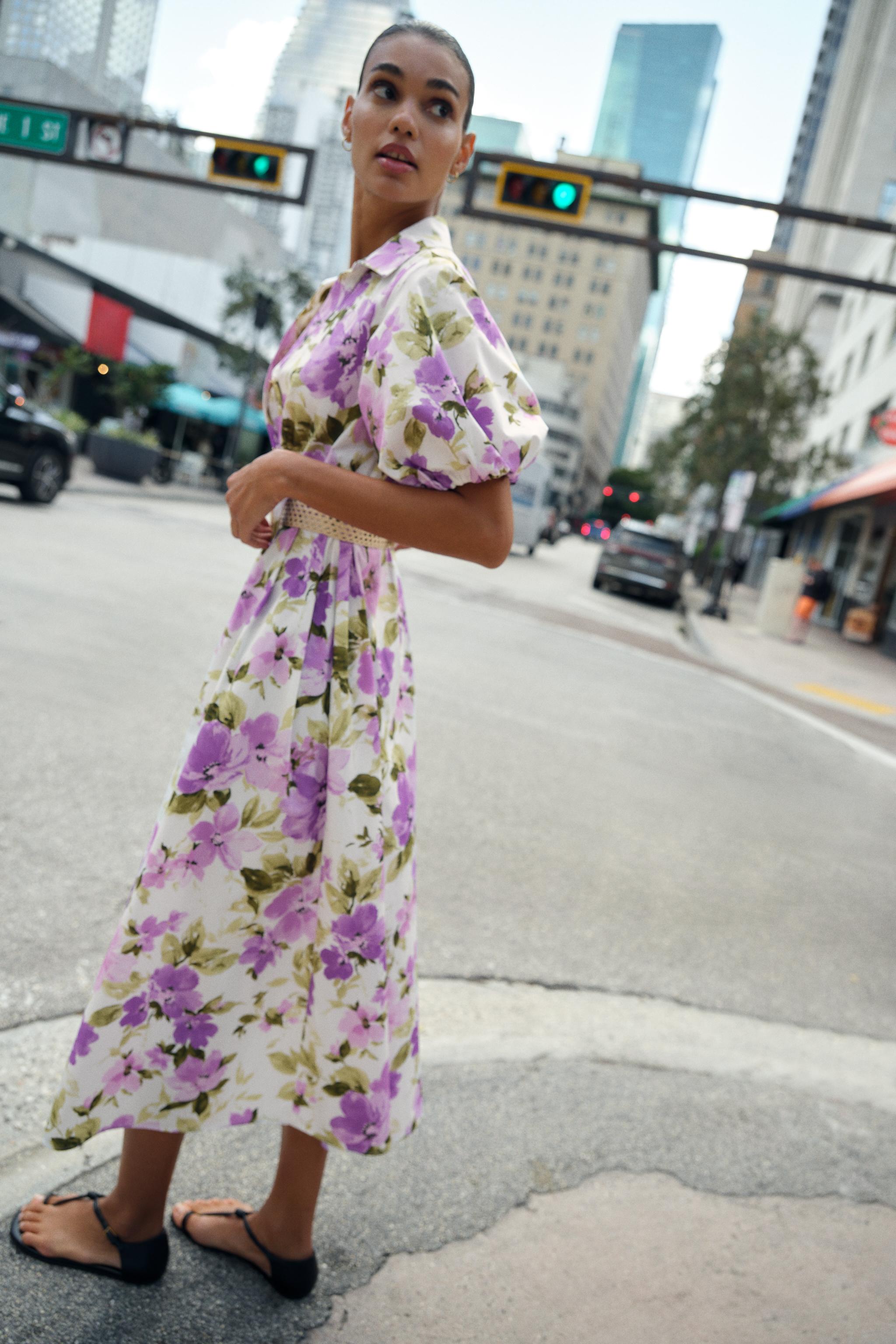 FLORAL PRINT BELTED MIDI DRESS